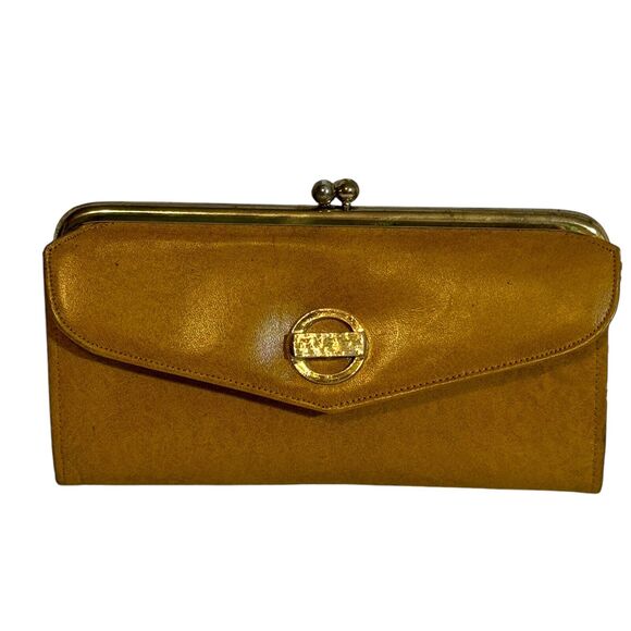 Buxton Vintage Wallet Gold Mustard Kiss Lock Leather Clutch Top Grain Cowhide - Picture 1 of 9